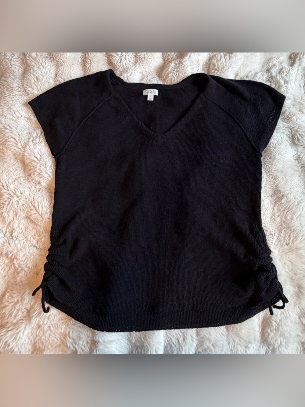 Market & Spruce Black V‑Neck Short Sleeve Knit Top with Side Drawstrings